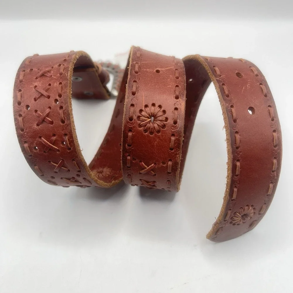 Miss Me Leather Floral Decor Stitching Belt Small Brown Rhinestones Bling Boho‎